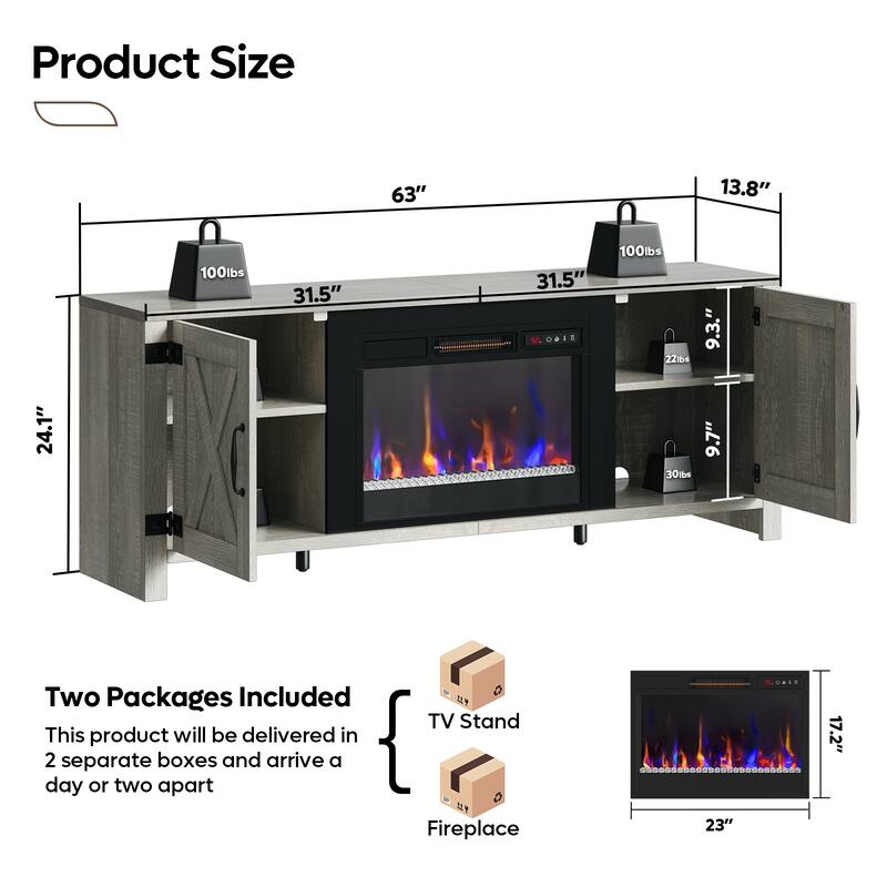 63'' Fireplace TV Stand with Electric Fireplace Heater & Storage Cabinet for TVs up to 70 Inch