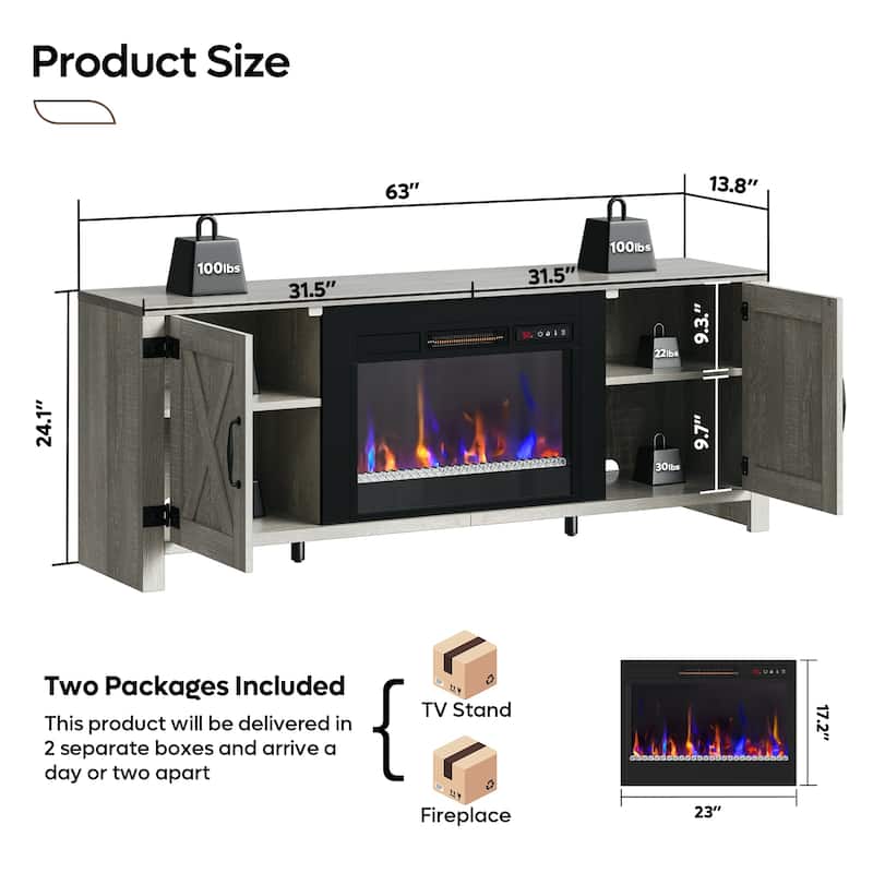Bestier 63'' Fireplace TV Stand with Electric Fireplace Heater & Storage Cabinet for TVs up to 70 Inch