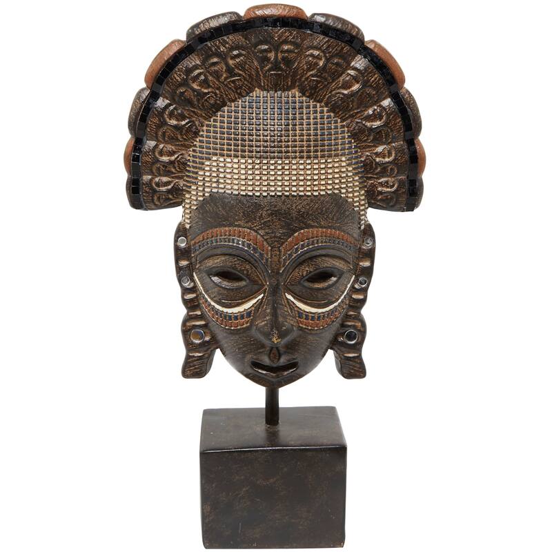 Brown Polystone Primitive African Mask and Standing African Woman Sculpture Wall Decor