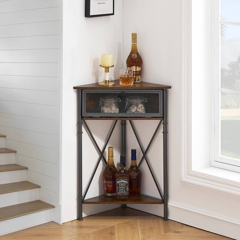 Javlergo Corner Table with Drawer and Storage Shelf, Triangle Freestanding Floor Cabinet for Kitchen, Living Room and Bedroom - Rustic Brown