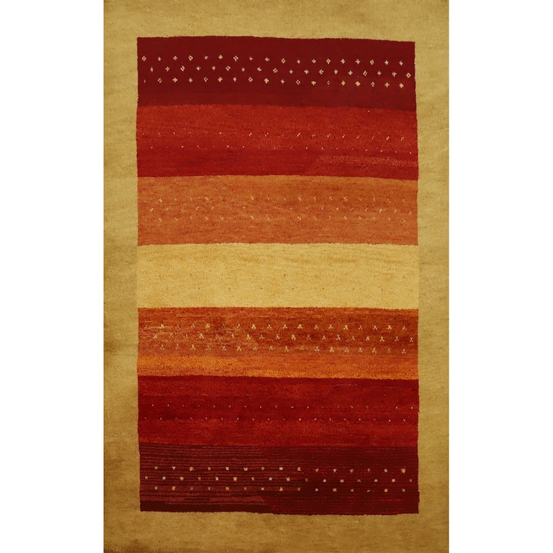 Hand Knotted Oriental 100% Wool Carpet Modern Stripe Oranges & Rust Gabbeh Area Rug - 6' 6'' X 4' 7''