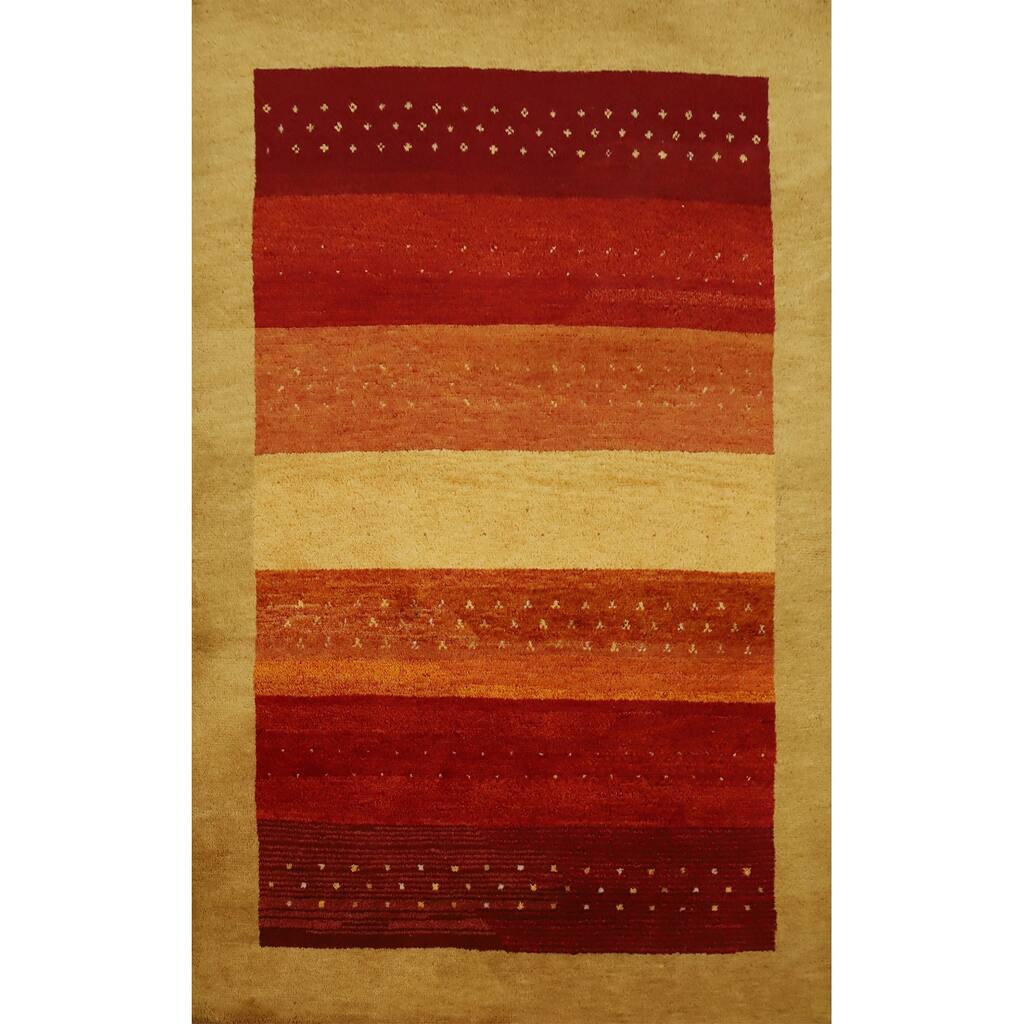 Hand Knotted Oriental 100% Wool Carpet Modern Stripe Oranges & Rust Gabbeh Area Rug - 6' 6'' X 4' 7''