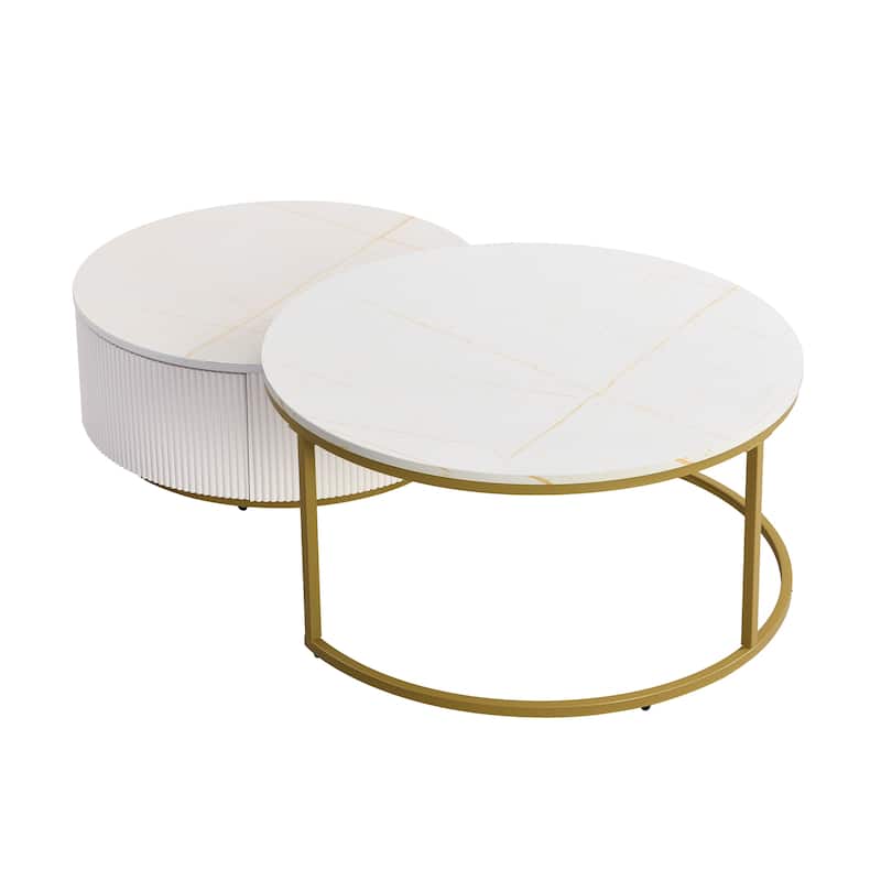 Modern Round Nesting Coffee Set of 2, Stacking Living Room Accent Tables with Gold Metal Frame, Office Wood Center Table