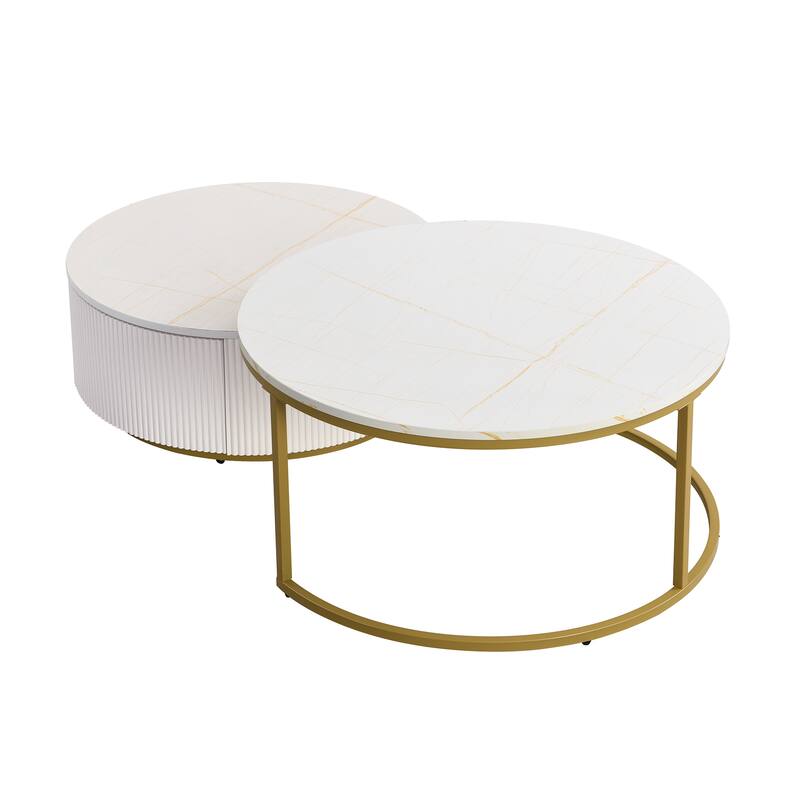 Modern Round Nesting Coffee Table with Drawer and Gold Base for Living Room