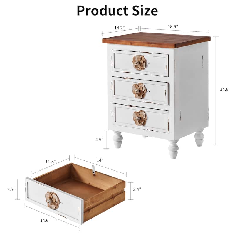 Vintage Farmhouse End Table with Floral Knobs -19"Rustic Nightstand with 3 Drawers Gourd Legs,Bedside or Sofa Accent Table