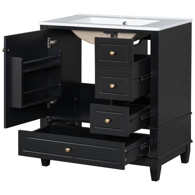 Green 30-Inch Freestanding Vanity with Ceramic Sink, 3 Drawers, Door Shelf, and Gold Knobs