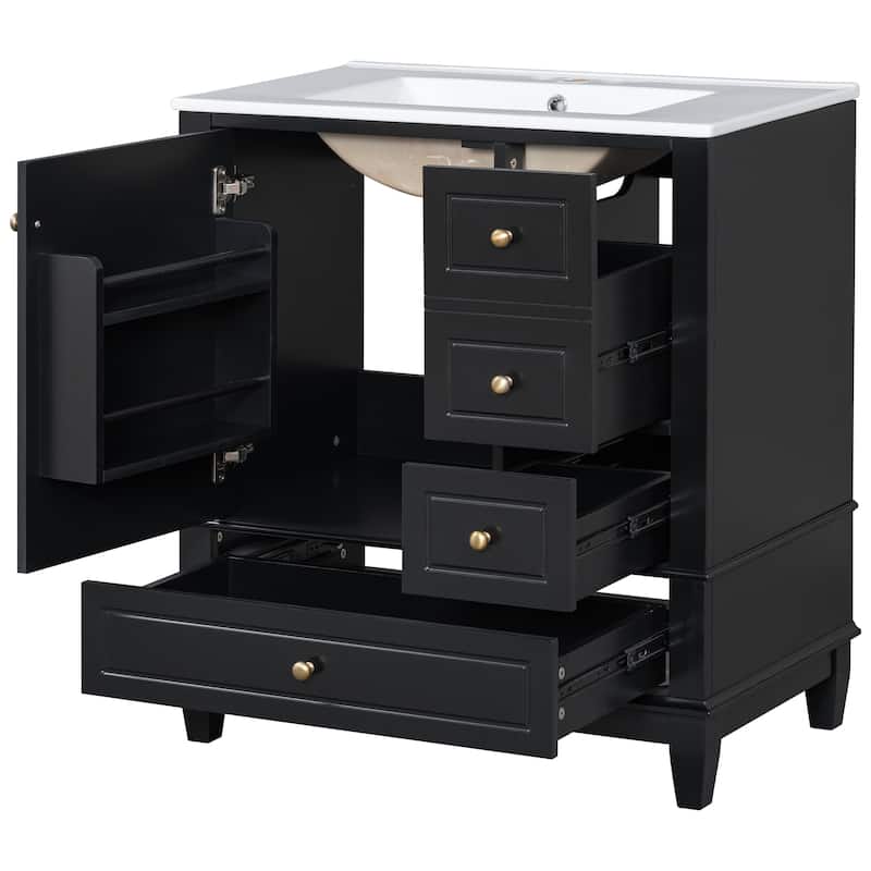 Roomfitters Bathroom Vanity with Sink, Single Door with Shelf and Three Drawers, Soft Close Door Design