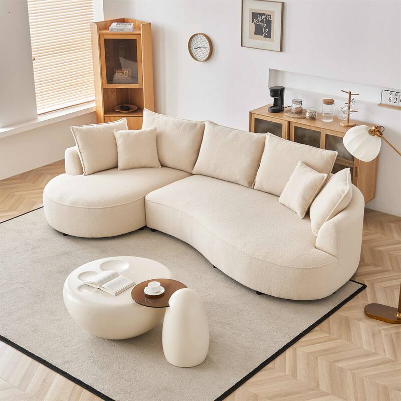Mid Century Upholstered Couch Sherpa Boucle Fabric Sofa - Beige
