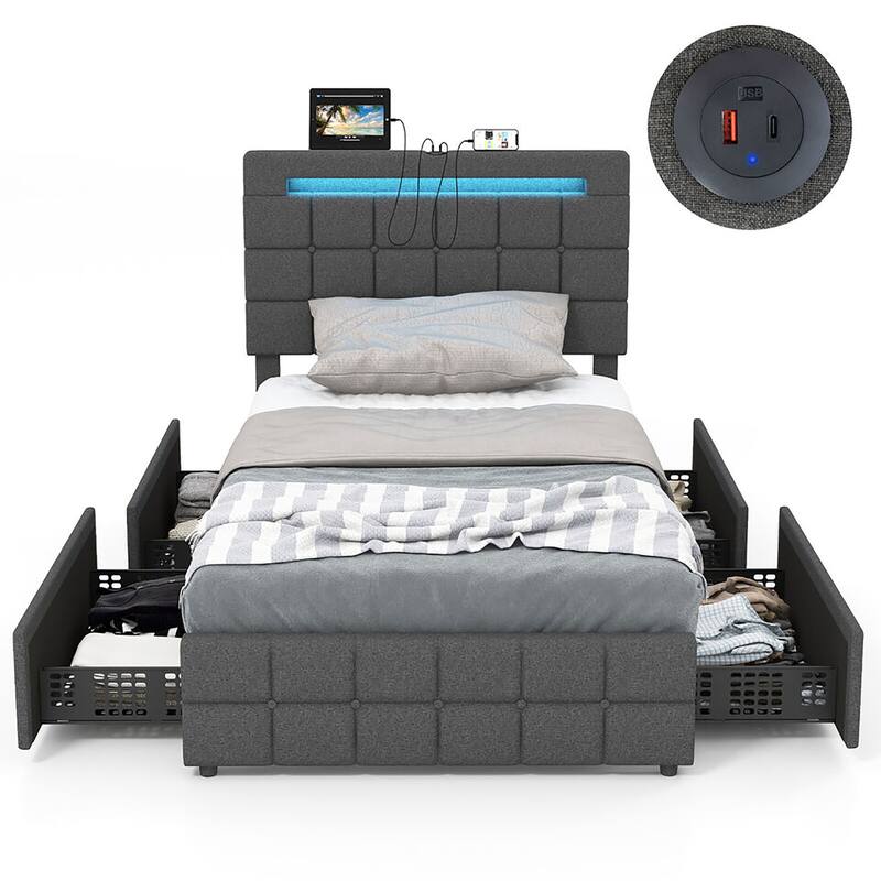 Gymax Twin Upholstered Platform Bed with LED Headboard Charging