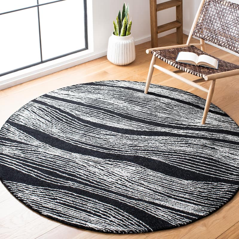 SAFAVIEH Handmade Metro Annarosa Modern Abstract Wool Rug - 6' Round - Black/Ivory - Round