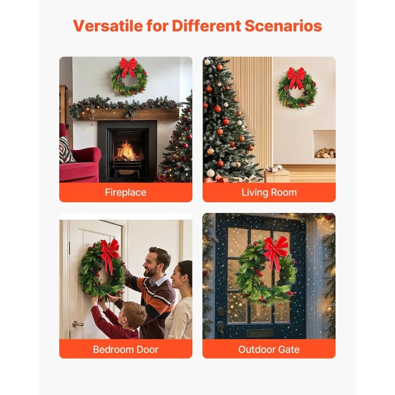 24 Inch Pre-Lit Christmas Wreath Battery Operated Green Holiday Decoration with LEDs Timer - 24 x 24 x 6.3 in