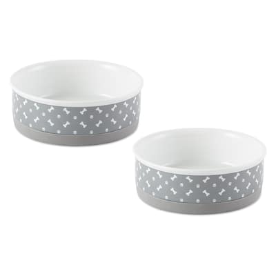 DII Pet Bowl Tossed Bone & Paw Print Gray Medium 6dx2h (Set of 2) - Medium Bowl Set
