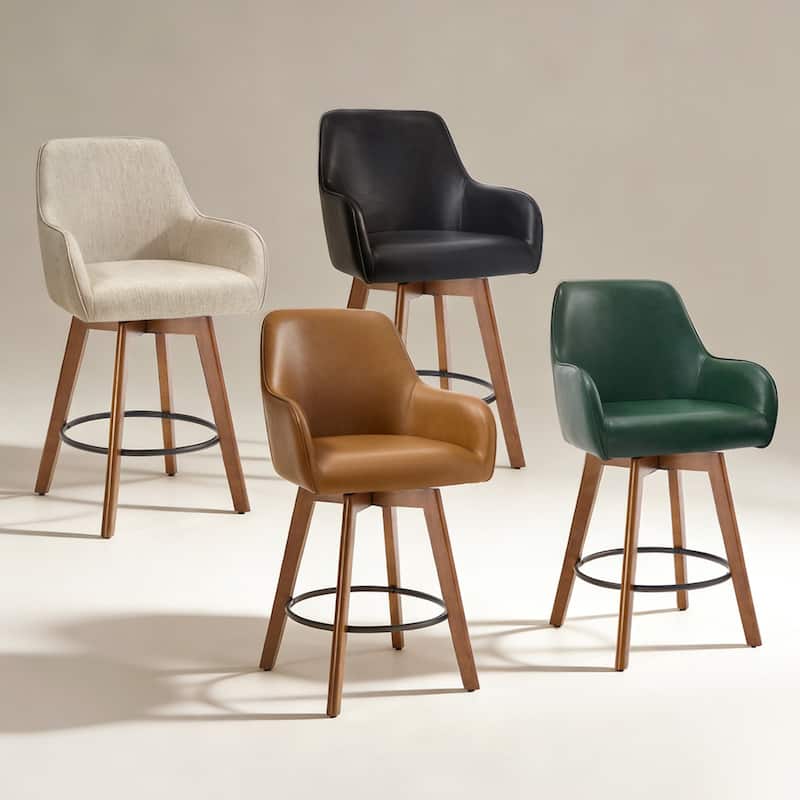 25 Inch Upholstered Swivel Counter Height Bar Stool with Armrests, Solid Wood Legs - 23.6"W x 22.4"D x 40.2"H