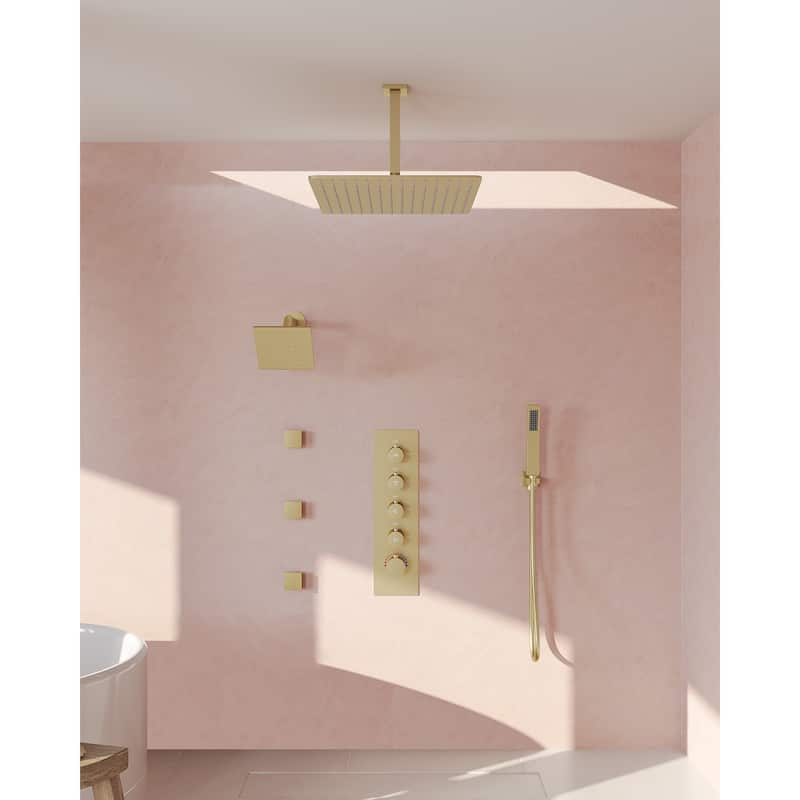 GRANDJOY Thermostatic Shower Faucet Set 16" Ceiling and 6" Wall Mounted Dual Shower Heads Handheld Shower Spray Body Jets