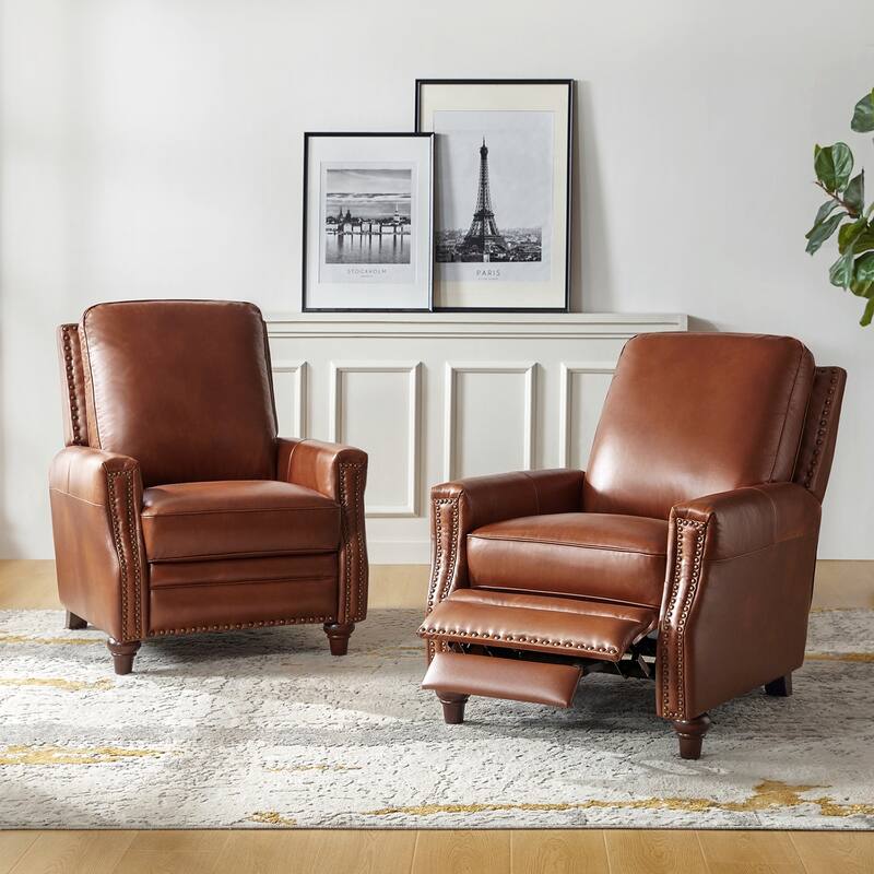 Cigar Mid-century Modern Genuine Leather Recliner with Nailhead Trim Set of 2 by HULALA HOME