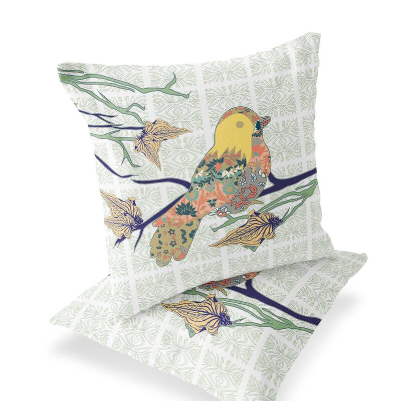 HomeRoots Set of Two 16" X 16" Green and White Bird Blown Seam Floral Indoor Outdoor Throw Pillow - 16.00' X '16.00' X '5.00