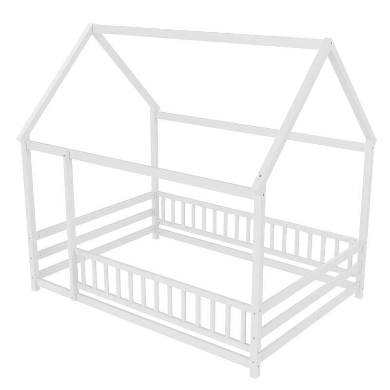 Full Size Floor Wooden Bed with House Roof Frame, Fence Guardrails,White