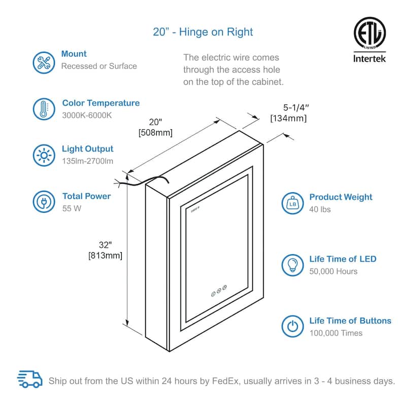 LED Medicine Cabinet with Amplified Mirror and Defogger
