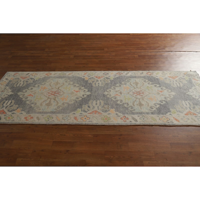 Hand Knotted Oriental 100% Wool Carpet Transitional Geometric Greys & Charcoal Oushak Runner Rug - 8' 4'' X 3' 1''