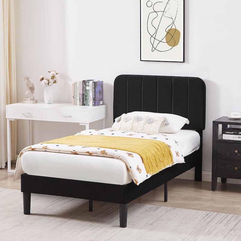 VECELO Velvet Upholstered Bed Frame with Vertical Channel Tufted Headboard, Adjustable Headboard, Wooden Slats Support
