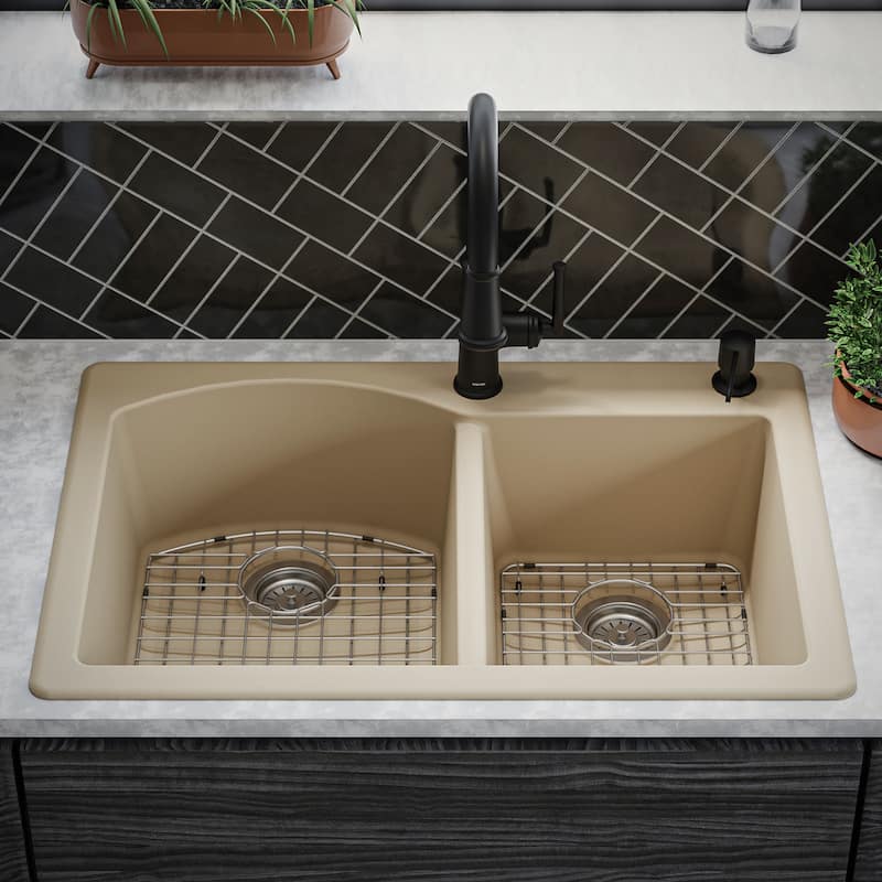 Karran Drop-In Quartz 33 in. 1-Hole 60/40 Double Bowl Kitchen Sink Kit