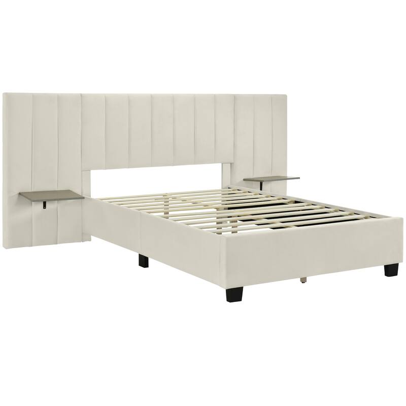 Platform Bed with Oversized Headboard, 2 Shelves, Velvet