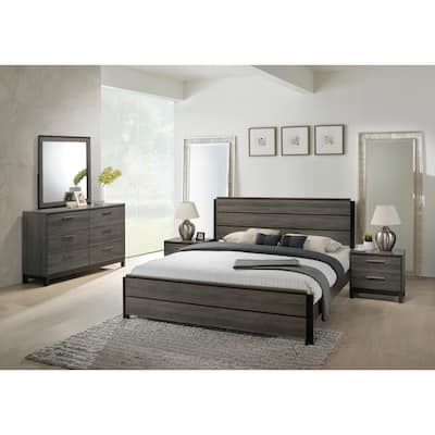 Ioana Antique Grey Finish Wood 5-Piece Queen Size Bedroom set, Dresser, Mirror, 2 Night Stands