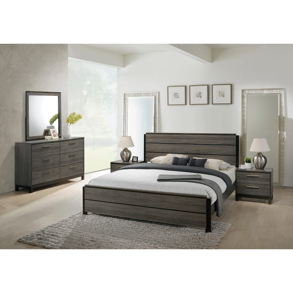 Ioana Antique Grey Wood 5-piece King Size Bedroom Set, Dresser, Mirror, 2 Night Stands