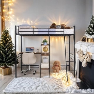 Artsy Twin Size Metal Loft Bed and Built-in Desk and Shelves, Black