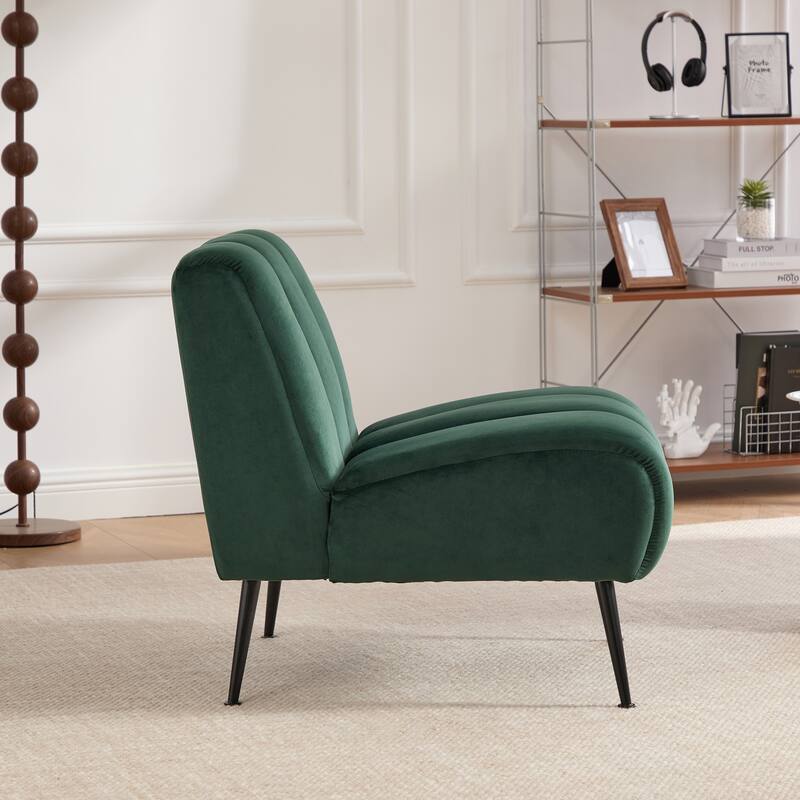 Modern Upholstered Armless Chair with Metal Legs, Green Velvet Accent Chair Side Chair Reading Chair Reception Chair