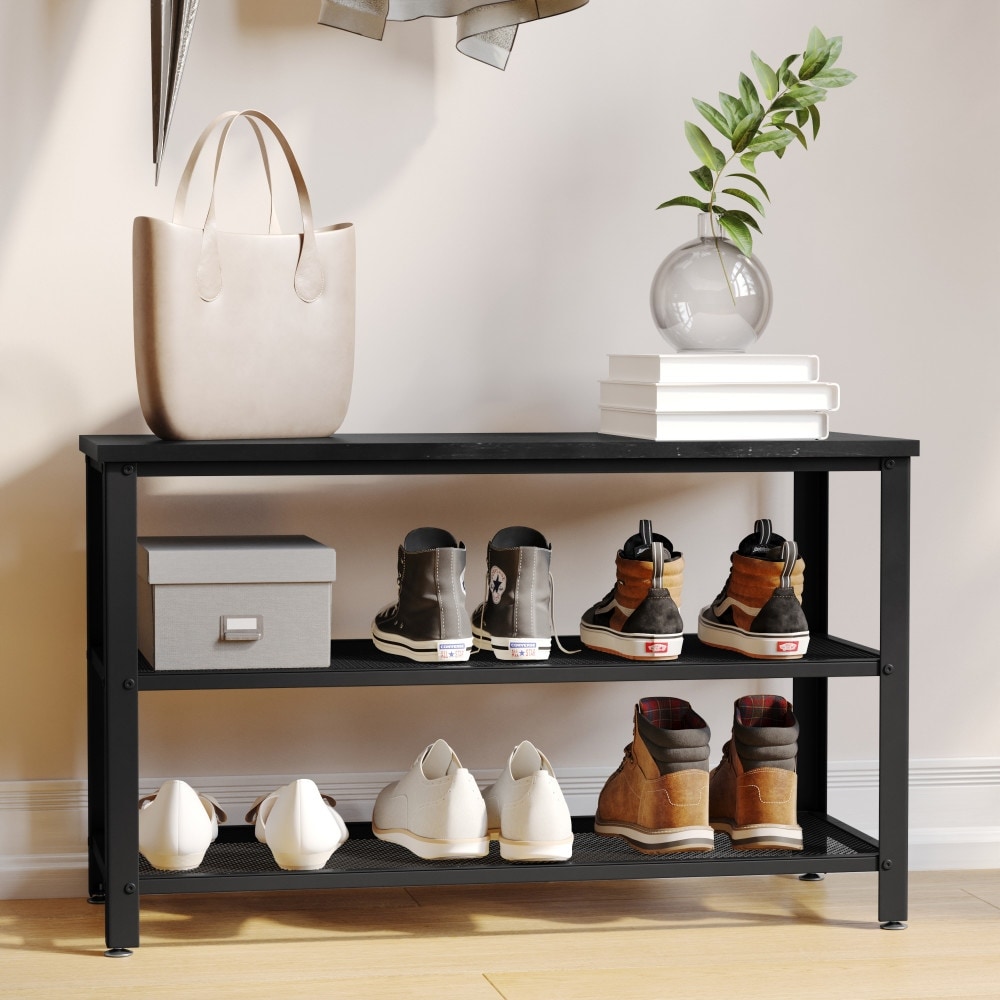 3 Tier Entryway Bench with Mesh Metal Shoe Storage Shelves On