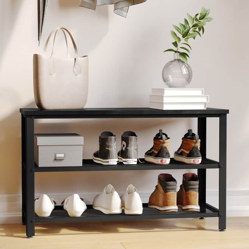 3-Tier Entryway Bench with Mesh Metal Shoe Storage Shelves - Black Wash