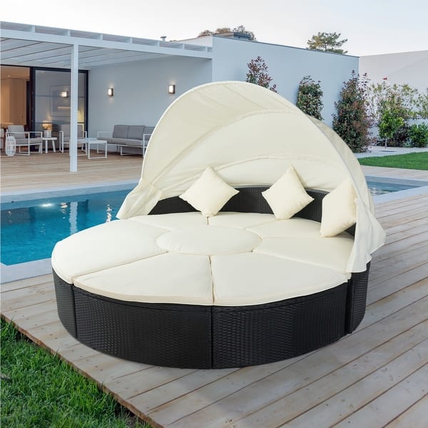 90.5"W Outdoor Patio Round Daybed with Retractable Canopy Rattan Wicker