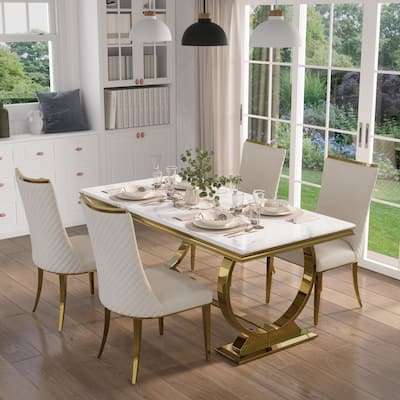Luxurious Dining Room Table Set with Velvet Dining Chairs