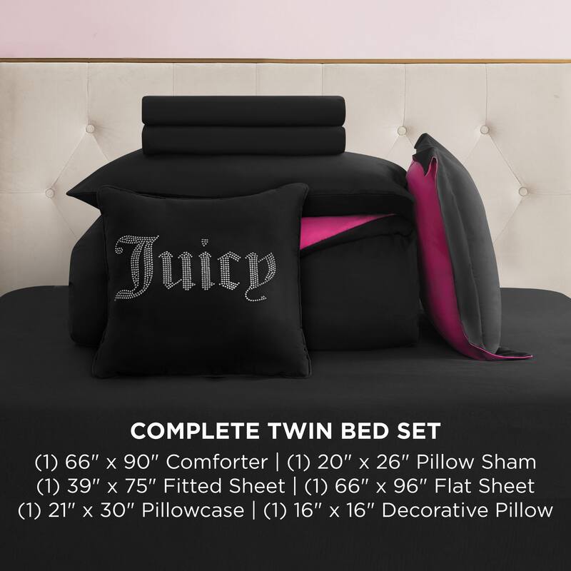 Juicy Couture Alexis Reversible Comforter Set 8 Piece Bed in a Bag Queen Black/Hot Pink