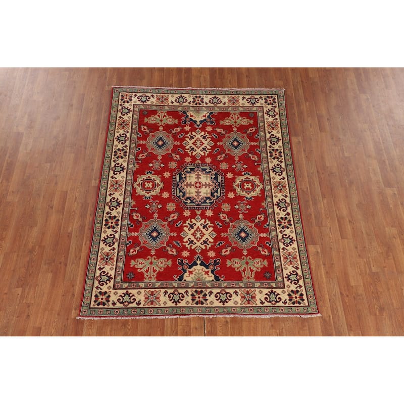 Geometric Red Kazak Oriental Rug Hand-Knotted Living Room Wool Carpet - 5'0" x 6'8"