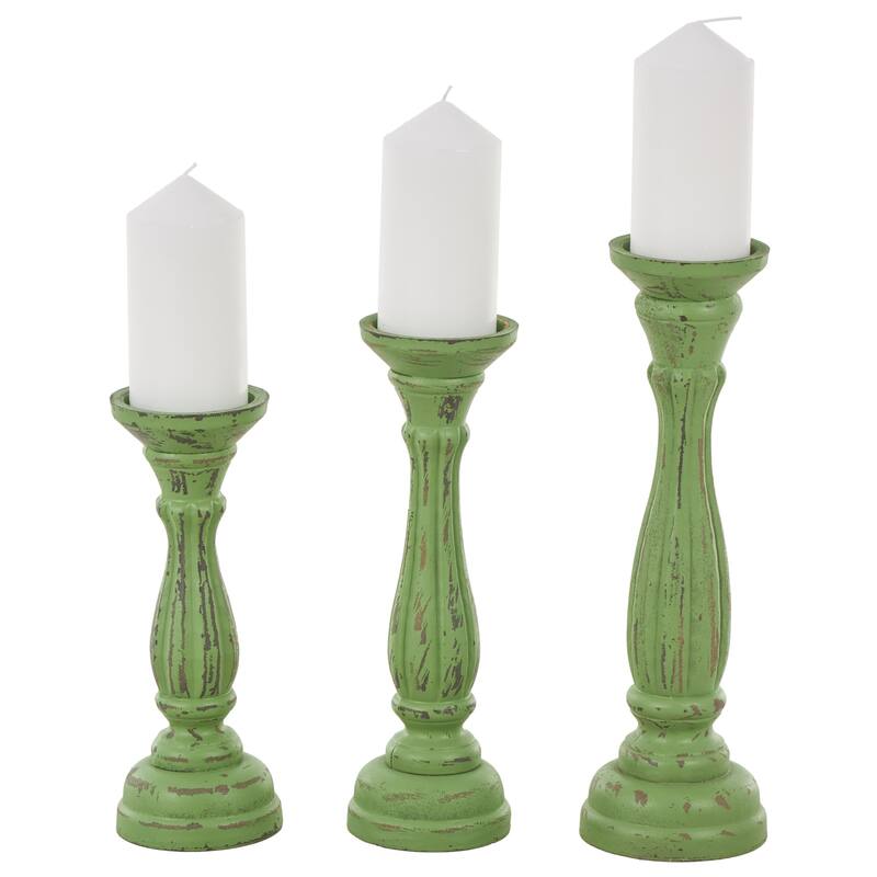 Wooden Distressed Turned Decorative Candle Holder - Set of 3 Gray, Brown, Blue, Green - Roche River Decor
