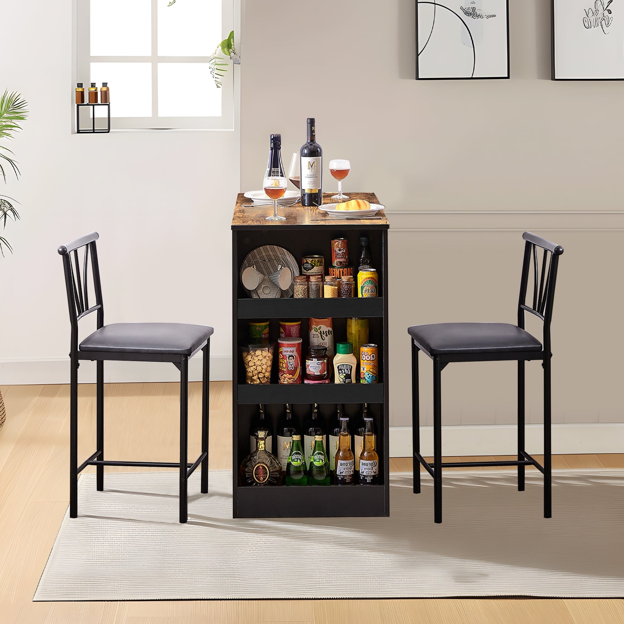 VECELO Pub Table Set with 3-Tier Storage Shelves Storage Bar Table with 2 PU Leather Padded Stools for Small Kitchen & Dining