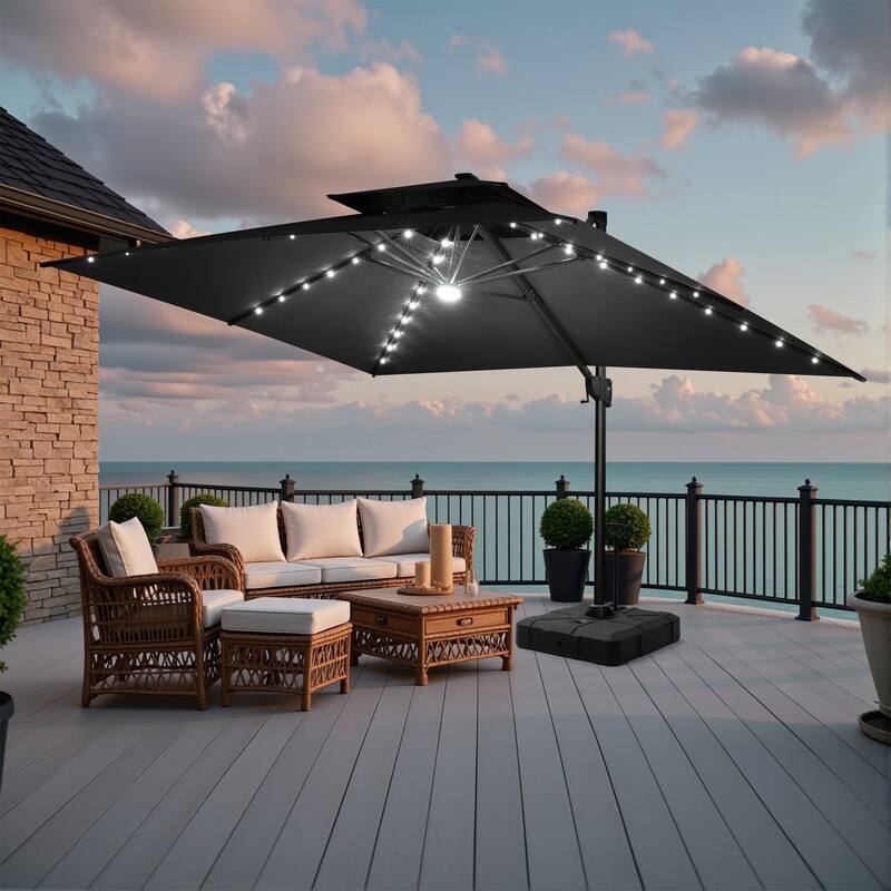 10 FT x 13 FT Outdoor LED Lighted Patio Cantilever Umbrella with Base Stand