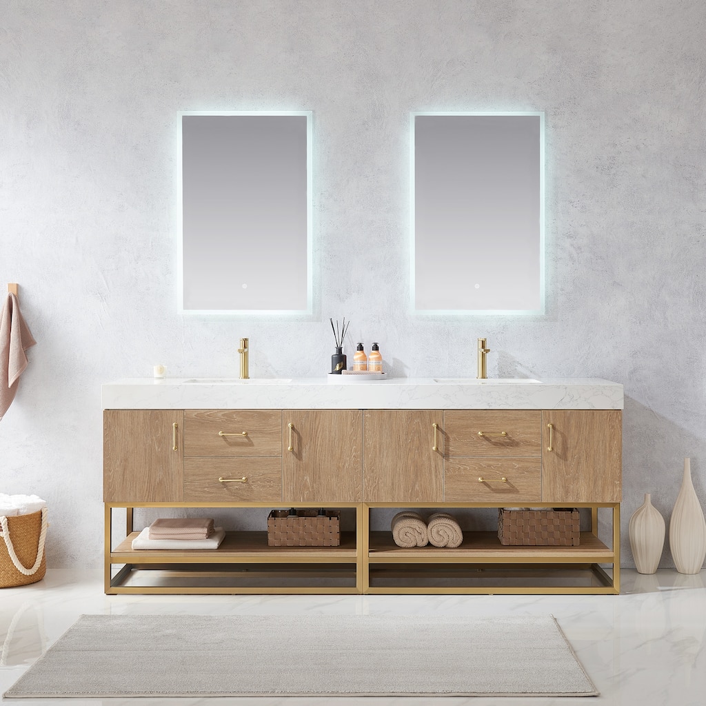 Alistair 84" Double Vanity with White Grain Stone Top without Mirror - 84" x 22"