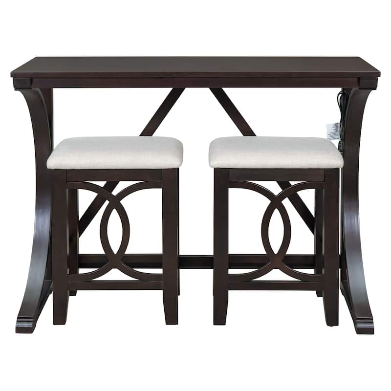 Farmhouse 3-Piece Dining Set with USB Port, Counter Height Table and Upholstered Stools