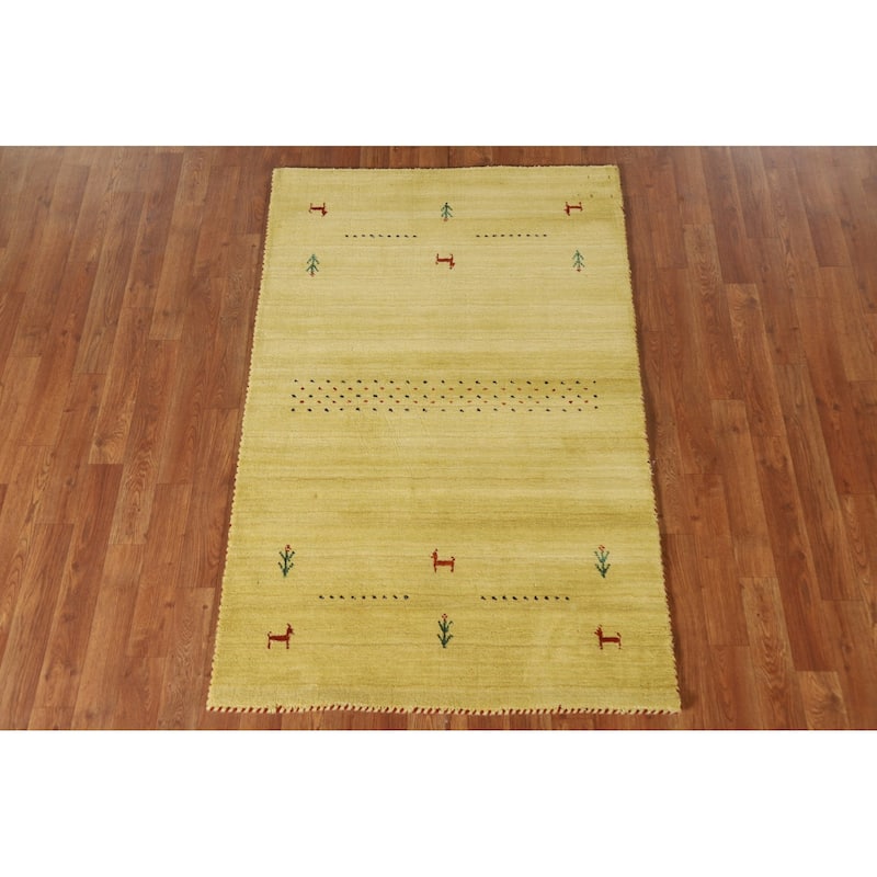 Tribal Gabbeh Area Rug Hand-knotted Green Wool Carpet - 3'2"x 4'11"