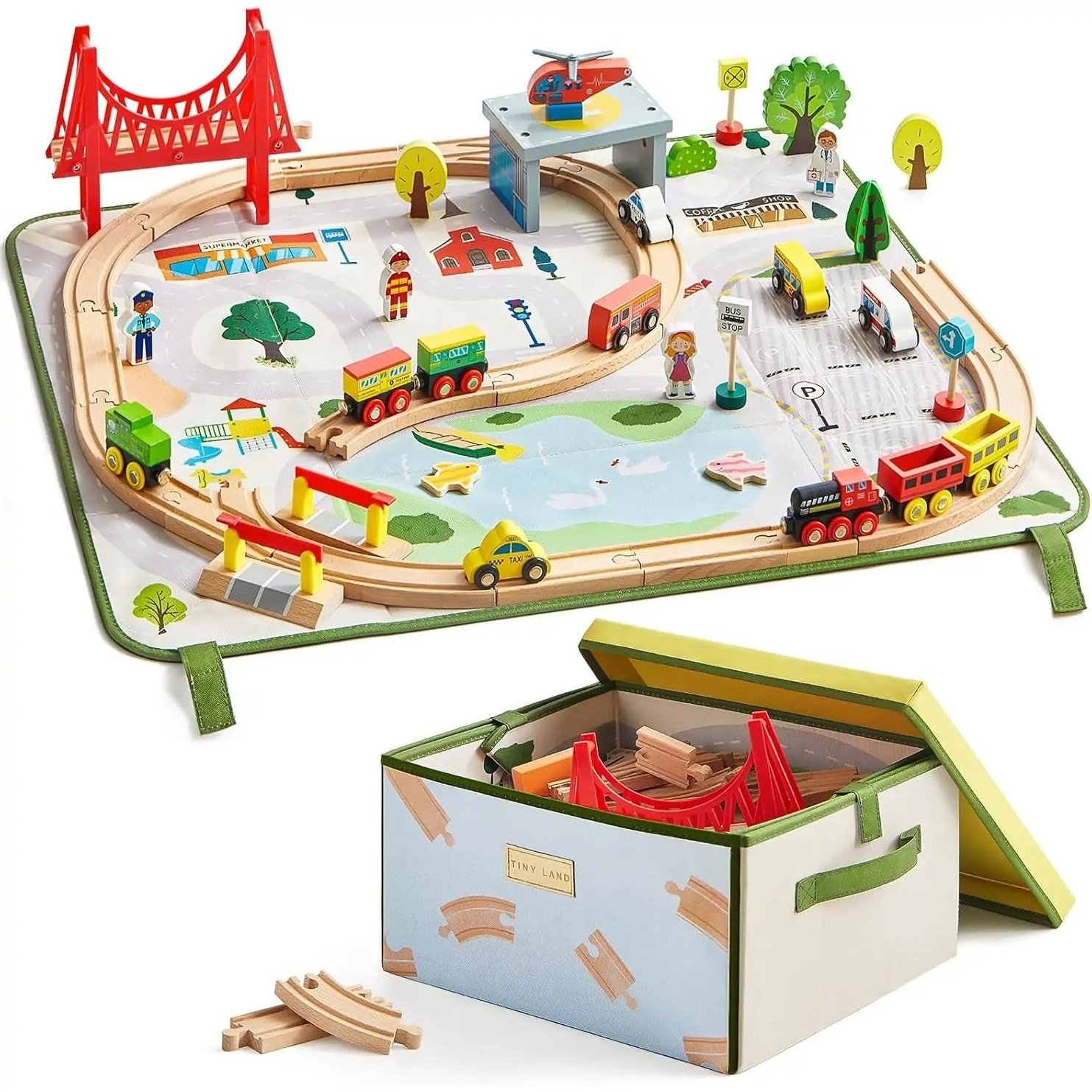 童友社 Doyusha Mini Train Set Tiny Land® 110-Piece Wooden Train Set with Folding Storage Box