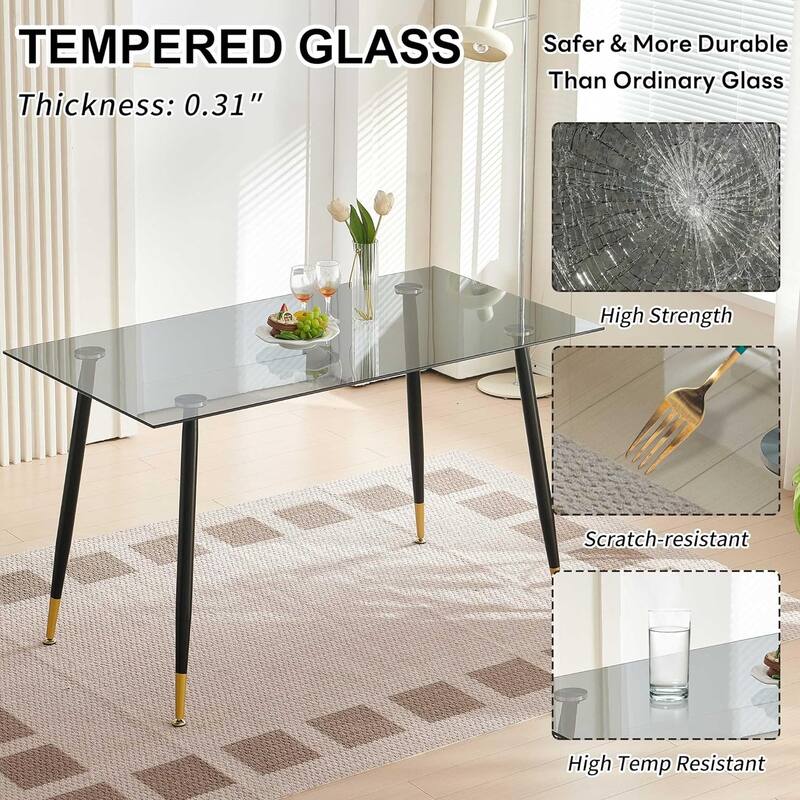 Howtai Grey Glass Table Set with 4 Velvet Chairs for Home Kitchen Dining Room