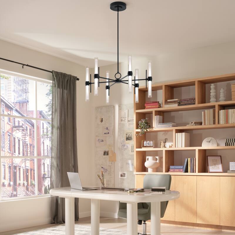 Riven 33 Inch LED 12 Light Chandelier with Clear Fluted Glass in Black