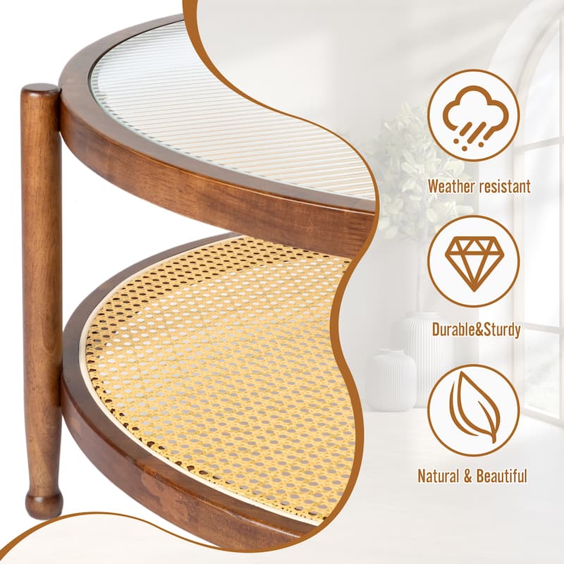 31.5in Rattan Coffee Table with Tempered Glass Top and Hand-Woven Shelf for Indoor Outdoor - 31.5” x 31.5” x 17.3”