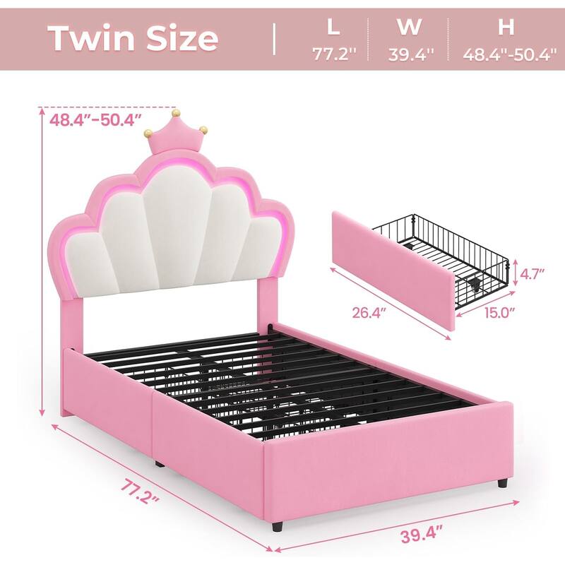Bed Frame LED Lights Girls Bed Princess Crown Velvet Upholstered Platform Bed