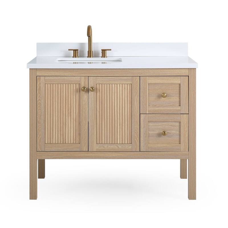 48 Inch Modern Light Oak Single Sink Bathroom Vanity With White Quartz Top - 42 inch