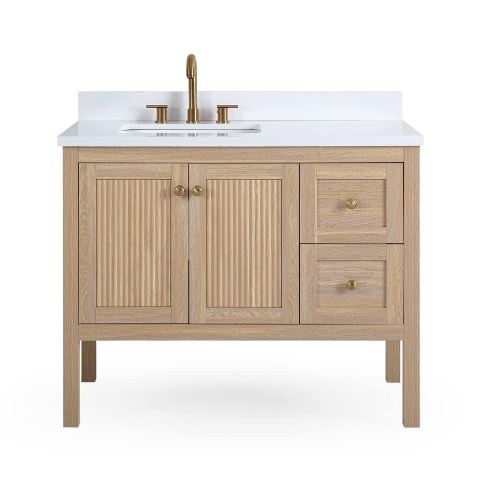 Modern Light Oak Single Sink Bathroom Vanity With White Quartz Top
