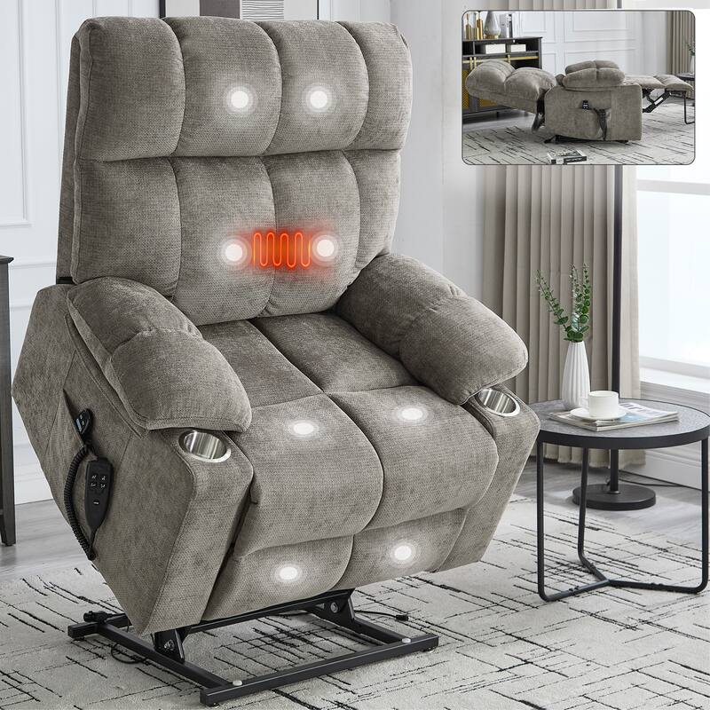 Dual Motor Chenille Power Lift Recliner Chair, Heavy Duty Motion Mechanism with Massage and Lumbar Heating, Dual Cup Holders